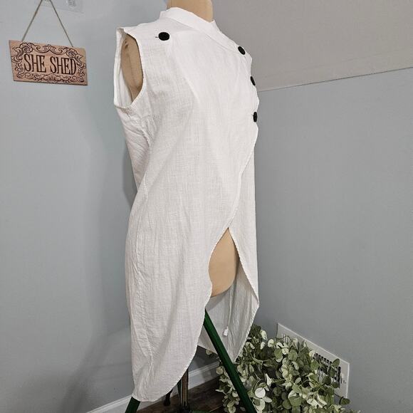 Sleeveless White Swim Coverup Tunic Dress Black Button Accents Crossover Neck - Picture 4 of 12